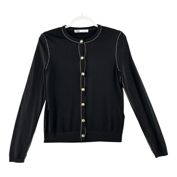 Zara Black Cardigan Gold Buttons Contrast Trim Womens Size Small Career Office - Picture 1 of 9